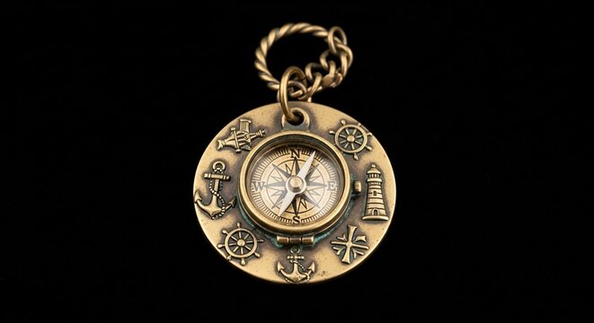 Vintage brass compass on black background navigation concept