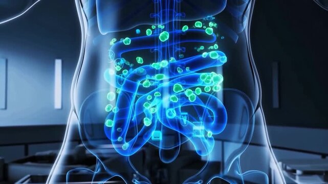 Abstract 3D digital illustration of a transparent human body showing the digestive system and intestines with glowing green bacteria cells and digital interface elements, representing gut health 