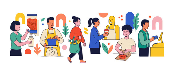 Fototapeta premium Zero waste grocery store shopping, eco-friendly sustainable lifestyle concept with people buying plastic-free bulk food, ethical consumption, flat vector illustration, environmental conscious consumer