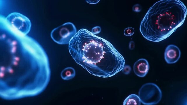 ​A 3D scientific illustration of microscopic cells or virus pathogens floating in a dark blue environment, featuring glowing membranes and red nuclei, ideal for medical, biotechnology, microbiology