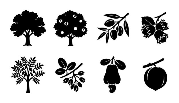 Set of 8 Black Silhouette Fruit Trees, Nuts, and Produce Icons. Vector Botanical Elements for Nature, Agriculture, and Food Design.