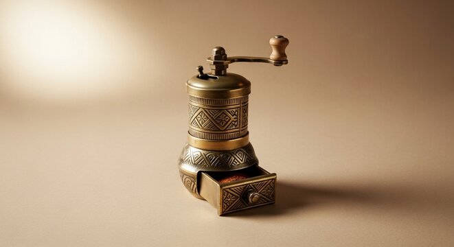 Vintage pepper grinder on neutral background for culinary concepts