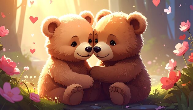 Two cuddly teddy bears snuggle in a blooming garden, hearts floating amidst sunlight and flora