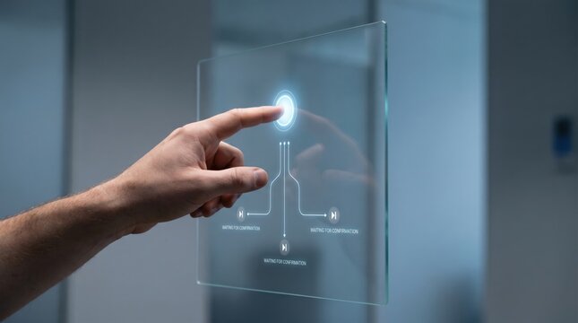 Agentic Workflow - A hand interacts with a digital approval checkpoint on a minimal interface, pausing AI tasks for user confirmation.