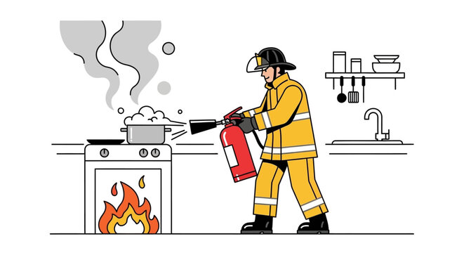 Firefighter extinguishing kitchen stove fire with extinguisher illustration