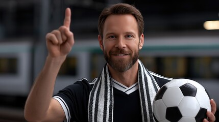Male soccer fan dressed in a jersey and scarf holds a foam finger and soccer ball in a train station during a lively sports event