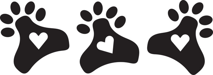 Three animal paw prints with hearts cut out in black color on white background © Md. Habibur