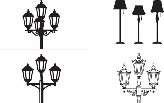 Vintage Street Lamp and Floor Lamp Silhouette Collection for Lighting Decor Vector Illustration Set