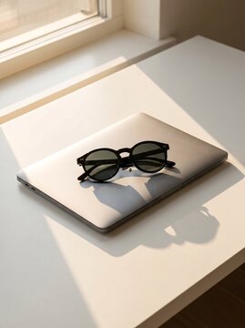 Black sunglasses resting on a closed laptop, symbolizing Out of Office, summer vacation, and paid time off