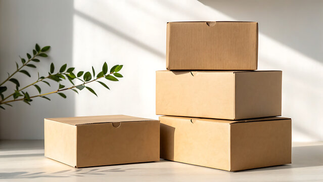 Stacked empty cardboard boxes on white surface with natural light and green leaves