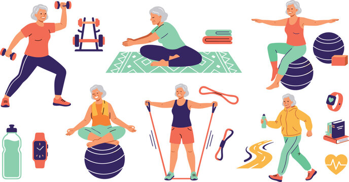 Active Senior Woman Fitness Character Icon Set with Elderly Grandma Doing Yoga, Weight Lifting, Resistance Band Training, and Nordic Walking Flat Vector Illustration