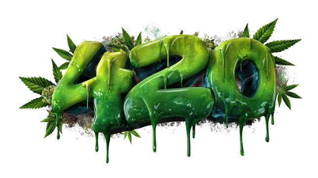 420 Text Art: A vibrant green graffiti-style 420 graphic, dripping with liquid effect, surrounded by marijuana leaves and smoke.