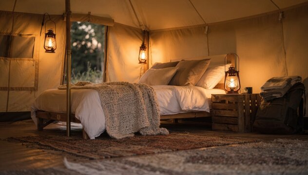 Solo travelers glamping tent interior showcasing a comfortable single bed and rustic lanterns with the calming floor rug foreground gently blurred for focused simplicity.