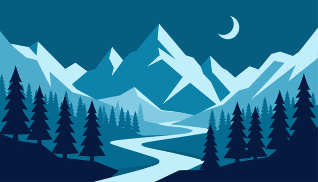 Flat vector mountain landscape at night, snowy peaks with crescent moon and pine forest, blue wilderness river valley illustration