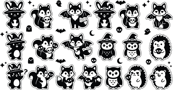 Spooky cute Halloween animal characters vector, creepy cute sticker collection, black and white kawaii icons isolated