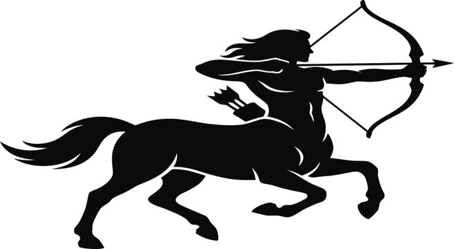 Centaur archer silhouette stands ready to release an arrow from his bow in this mythical design.