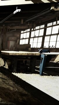 Inside a woodworking studio, sunlight streams through large windows, illuminating a workbench scattered with tools and wood shavings. The atmosphere is warm and inviting, perfect for creativity.