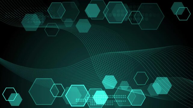 Abstract dark background with glowing turquoise hexagons and flowing wavy lines animation