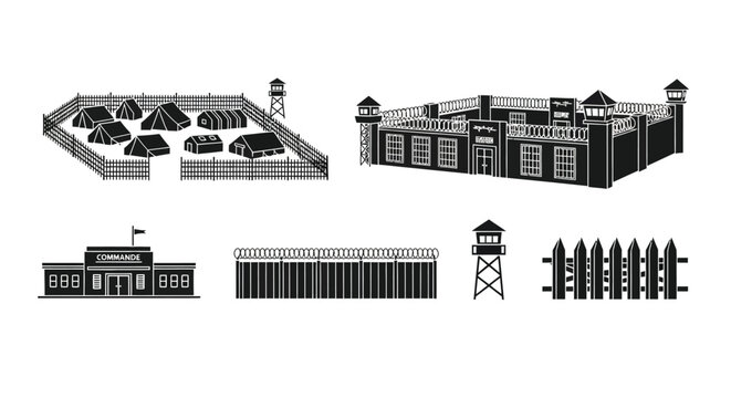 Prison camp and guard tower silhouettes on white background