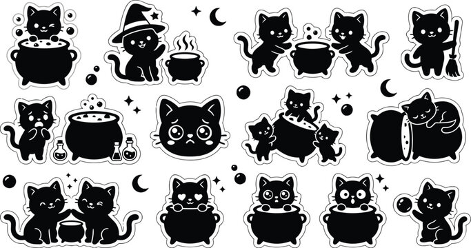 Cute Halloween black cat sticker pack, kawaii witch cats with cauldrons vector