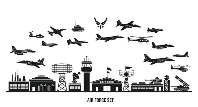 Air force vehicles and buildings silhouette