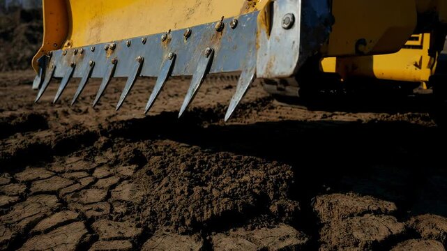 Close-up of yellow bulldozer blade with metal teeth scraping dry cracked earth. Heavy machinery leveling ground on a construction site