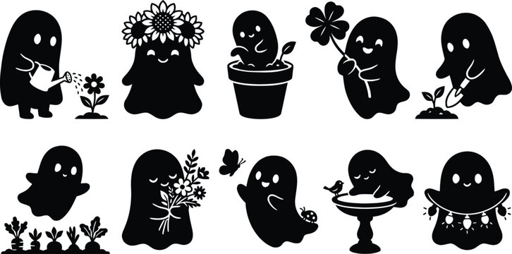 Cute gardening ghost SVG bundle, kawaii spooky ghost with flowers vector set, little ghost planting silhouette illustration, cottagecore halloween cut files pack