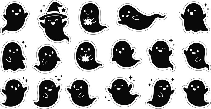 Spooky cute ghost emoji stickers vector, black and white kawaii halloween ghost sheet, funny isolated ghost characters with witch hat and pumpkin