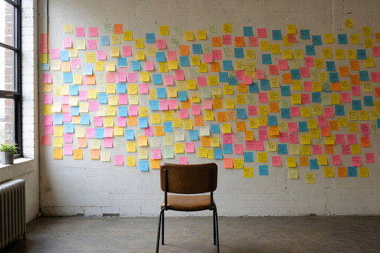 Solitary chair before wall of colorful sticky notes