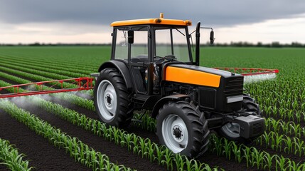 Obraz premium Orange and black tractor sprays crops in a green field with a red boom under an overcast sky in a farming setting