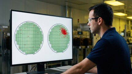 Obraz premium Medium shot showing a detailed lot comparison on a screen with visual wafer maps and defect clusters emphasizing batch performance differences.