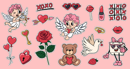 Fototapeta premium Groovy Valentine Day sticker set. Cute cartoon retro love characters in 70s-90s y2k comic style with cupid, teddy bear, rose and hearts. Vector romantic patches collection.