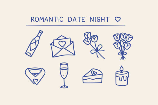 Doodle icons for romantic date night with champagne flowers cake love letter romantic champagne envelope celebration special occasion invitation greeting celebrate relationship