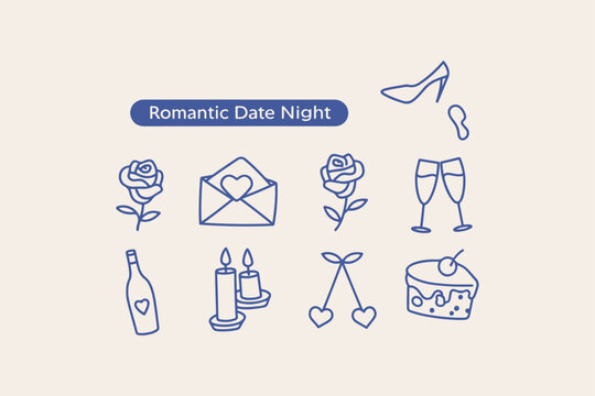 Romantic date night icon set in blue line art featuring roses love letter champagne wine candles heart cherries cake elegant high heel shoe romantic envelope champagne celebration