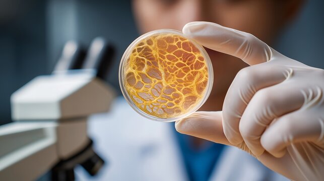 Cultivated chicken nugget cross-section on a lab slide under magnification, muscle fiber scaffolding visible, amber and rose tones, clinical gloves in frame, ideal for cultured poultry, alternative
