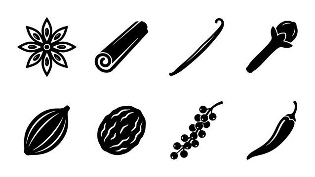 Spice Icons Collection: Star Anise, Cinnamon, Vanilla Bean, Cloves, Cardamom, Nutmeg, Peppercorns, Chili Pepper Vector Graphics for Culinary and Aromatic Themes