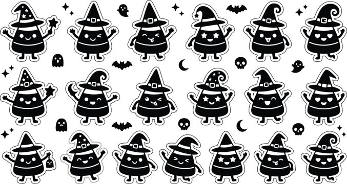 Spooky cute candy corn character sheet vector, black and white kawaii halloween treats stickers, funny isolated sweets with witch hats