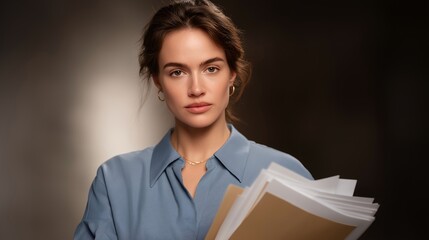 Obraz premium Medical gaslighting concept showing woman holding stack of dismissed referral letters, expression resolute not defeated, minimalist studio background, dramatic side lighting, perfect for women