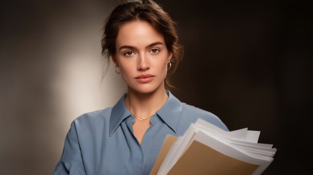 Medical gaslighting concept showing woman holding stack of dismissed referral letters, expression resolute not defeated, minimalist studio background, dramatic side lighting, perfect for women