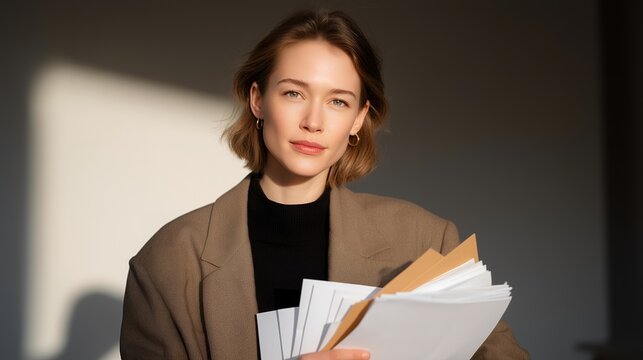 Medical gaslighting concept showing woman holding stack of dismissed referral letters, expression resolute not defeated, minimalist studio background, dramatic side lighting, perfect for women
