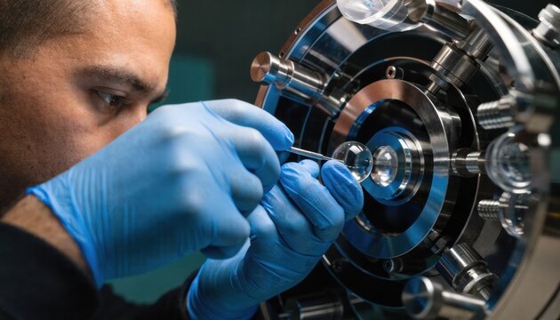Closeup of a technician adjusting precise optical components inside a dental laser therapy head ensuring optimal light alignment for effective oral treatment.