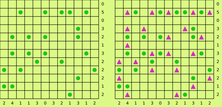 Tents and Trees logic puzzle series with numbered grids, trees, and tent solutions. Clean vector illustration for brain teasers, activity books, and printable worksheets