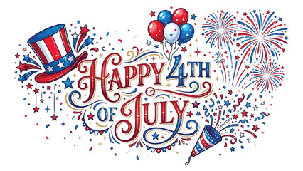 Obraz premium Happy 4th of july celebration design with patriotic top hat fireworks and festive colorful balloons