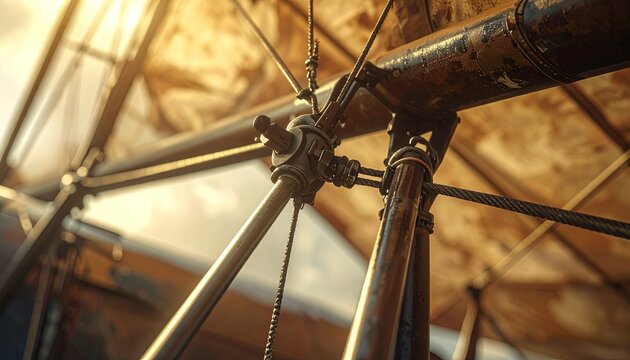 Close-up of vintage biplane strut wire bracing with turnbuckle and swaged terminal against fabric-covered wing