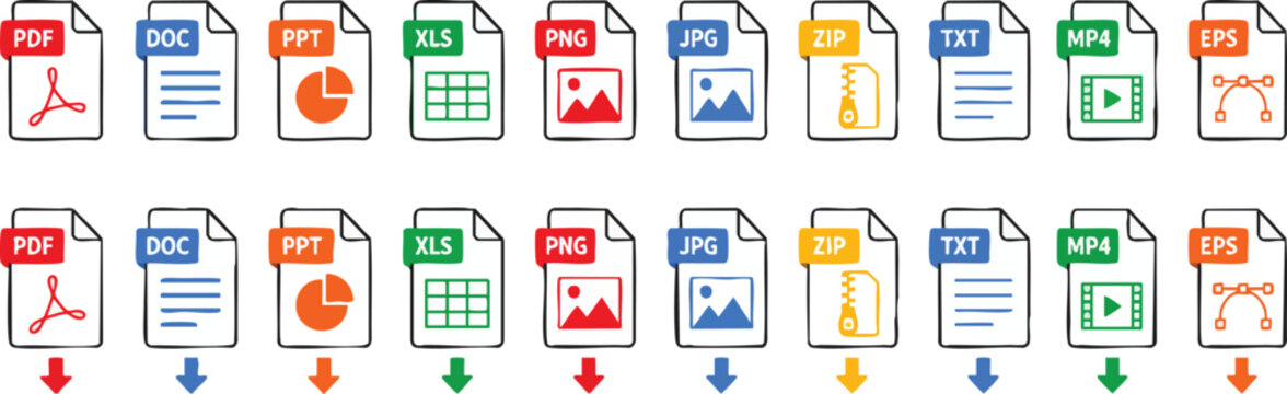 Set of file format icons for document management systems with colorful extension labels.