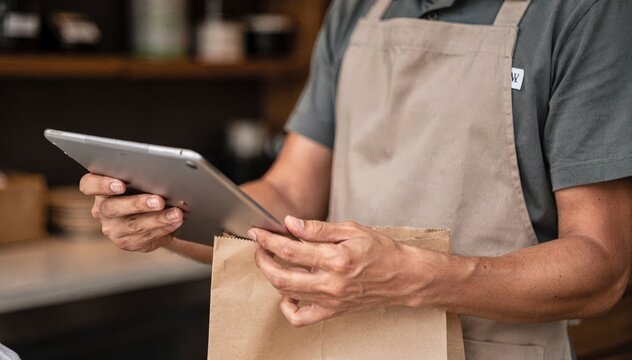 Medium shot showing restaurant employee verifying order details on a tablet while preparing a curbside pickup package with main hands sharp and surroundings soft.