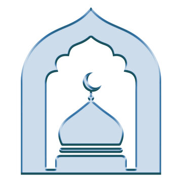 A blue 3D mosque dome with crescent moon inside an islamic arch isolated on transparent background