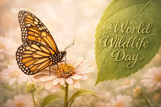 Monarch butterfly on spring flower for world wildlife day card leaf