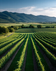 Fototapeta premium Rolling vineyards fruit orchard green field mountain rural landscape agriculture summer sunlight scenic outdoor beauty