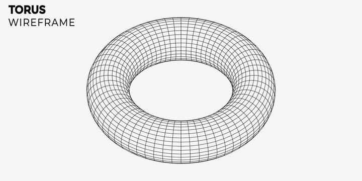 Abstract 3D torus wireframe model with black mesh lines on a white background. Modern minimalist geometric design for technology, mathematics, and digital art projects.